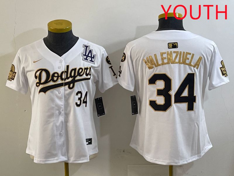 Youth Los Angeles Dodgers 34 Valenzuela White Gold Game 2025 Nike MLB Jersey style 4